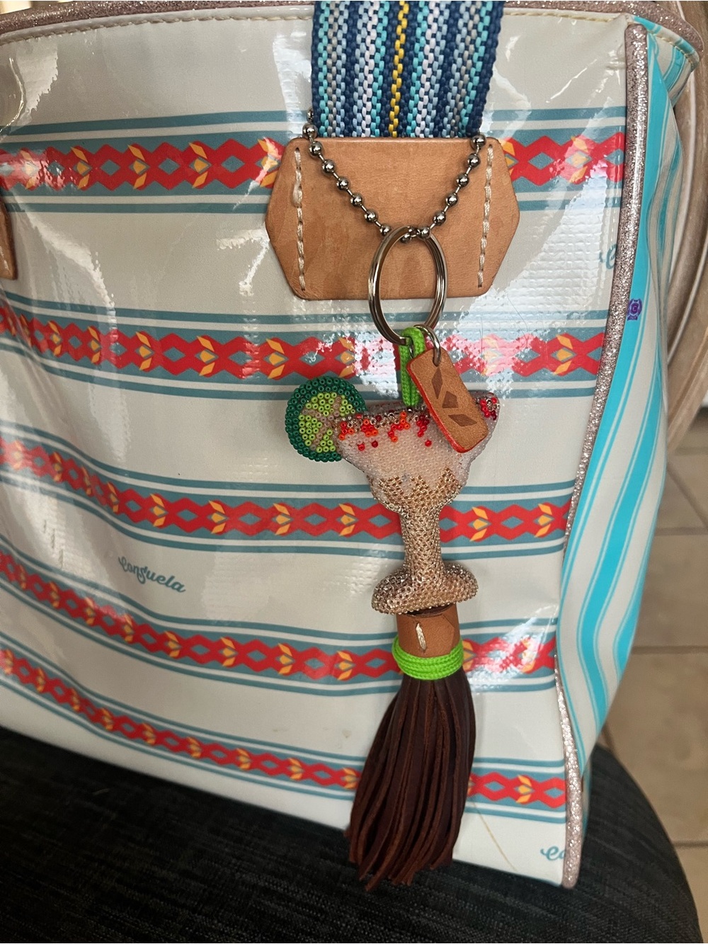 Consuela Striped Tote in White, Blue, Orange, Tan with Tassel Charm - Picture 3 of 5